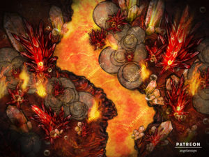 Fiery crystal cavern battle map for D&D, animated and setup for Foundry VTT