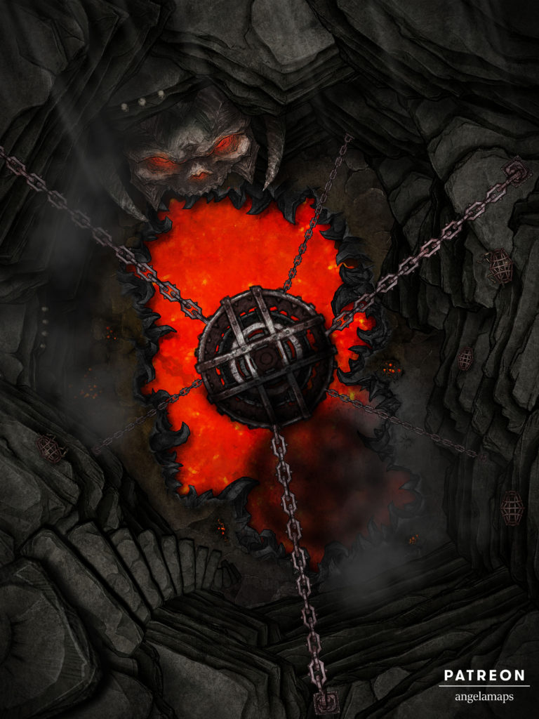 A hanging cage suspended above a hellish lava pit battle map