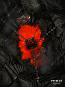 Hell pit battle map with a cage suspended over a lava pit battle map
