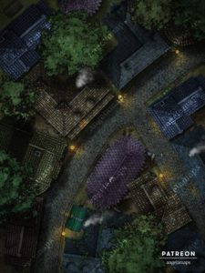 Narrow city street at night battle map for D&D and other TTRPGs