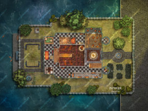 First floor of a four floor mansion battle map by Angela Maps for TTRPGs like D&D. Setup and ready to play in FVTT or FGU.