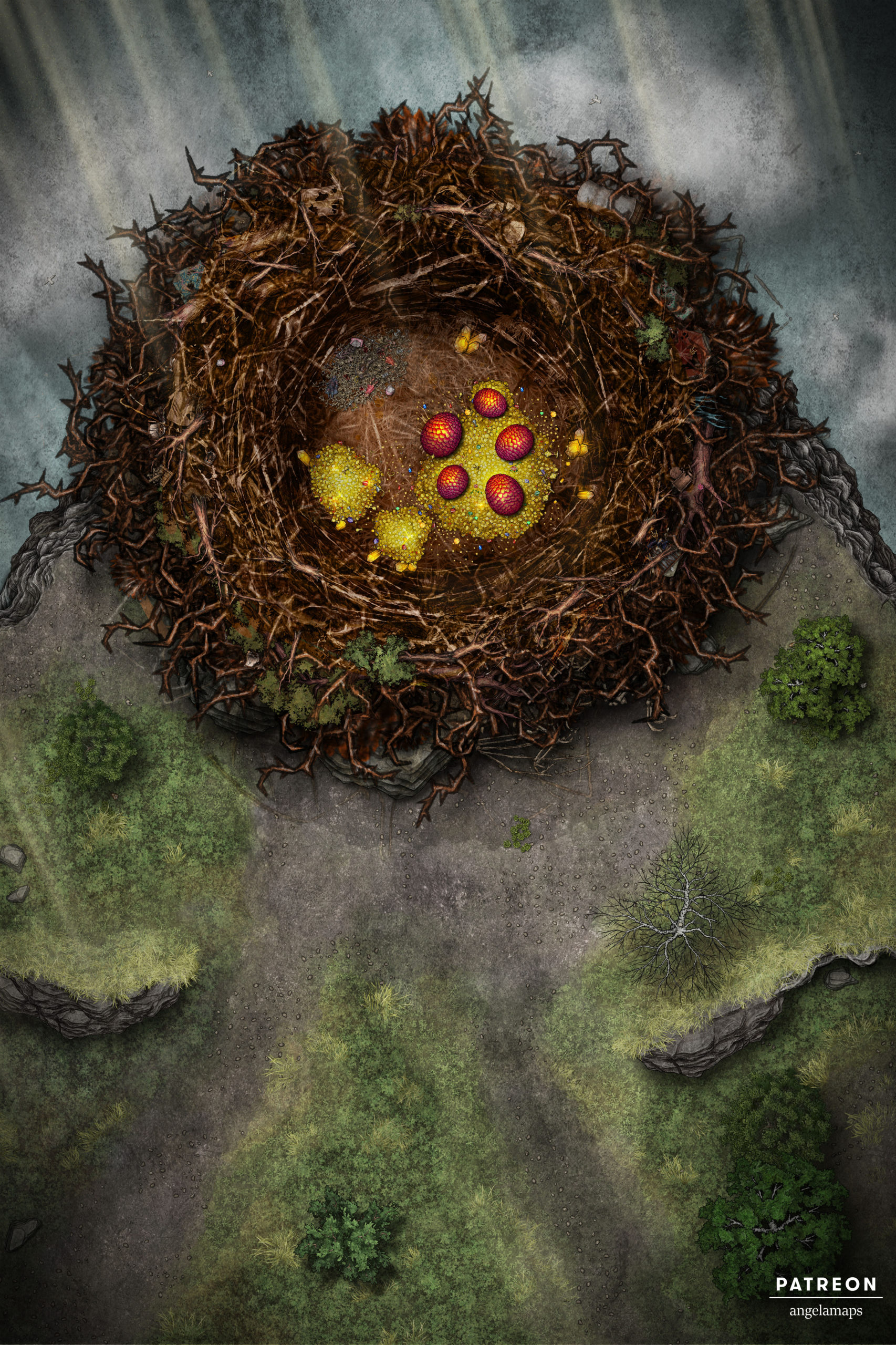Giant nest battle map with gold and eggs for TTRPGs