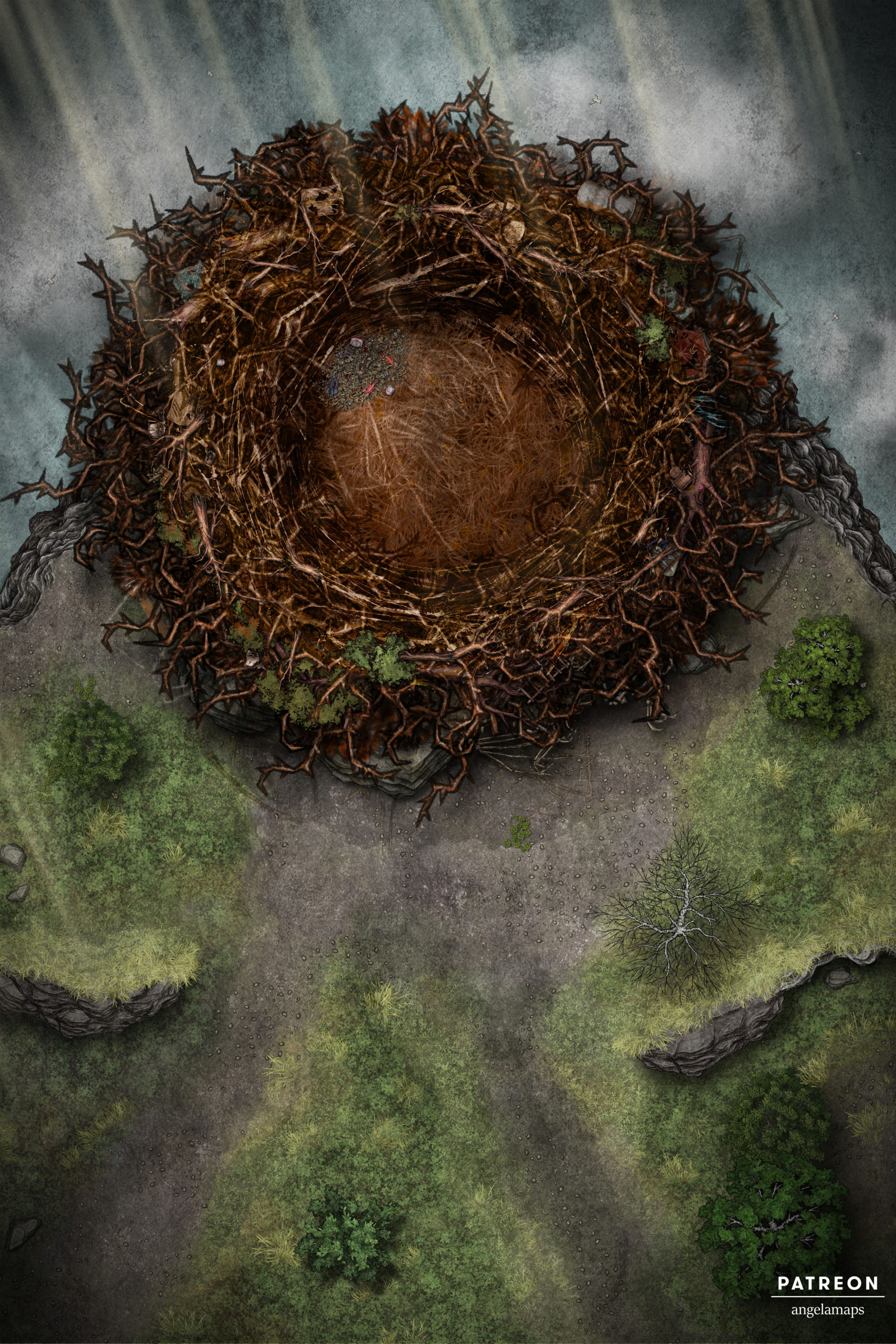Giant empty nest battle map with debris for TTRPGs