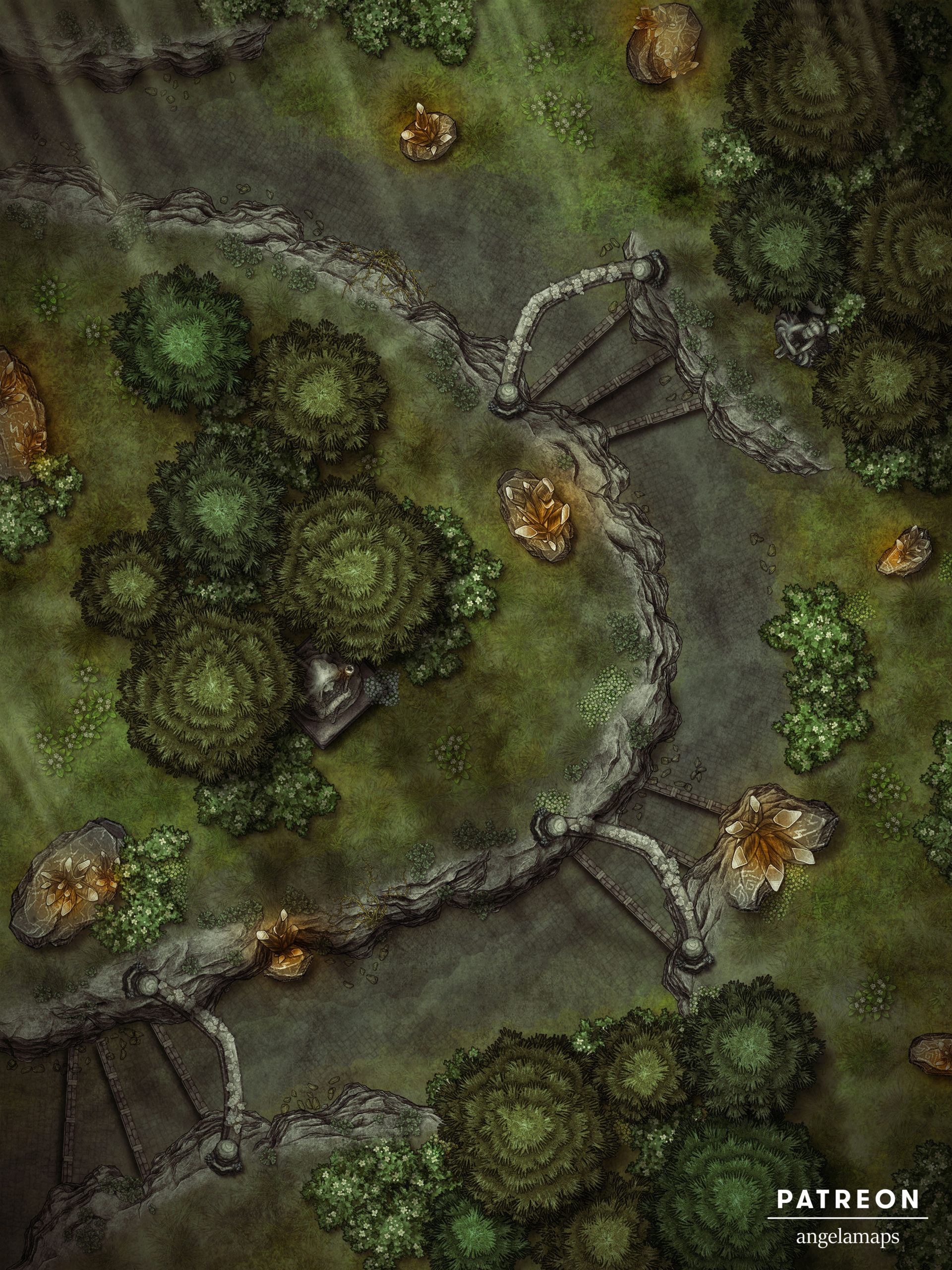 Forest path battle map lined with magical musical crystals.