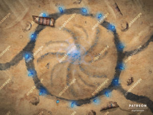 Mysterious ruins circle in the desert with magic crystals battle map for D&D and other TTRPGs