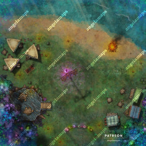 Midsummer festival battle map in a magical or fey world with a maypole, bonfire, and lots of food