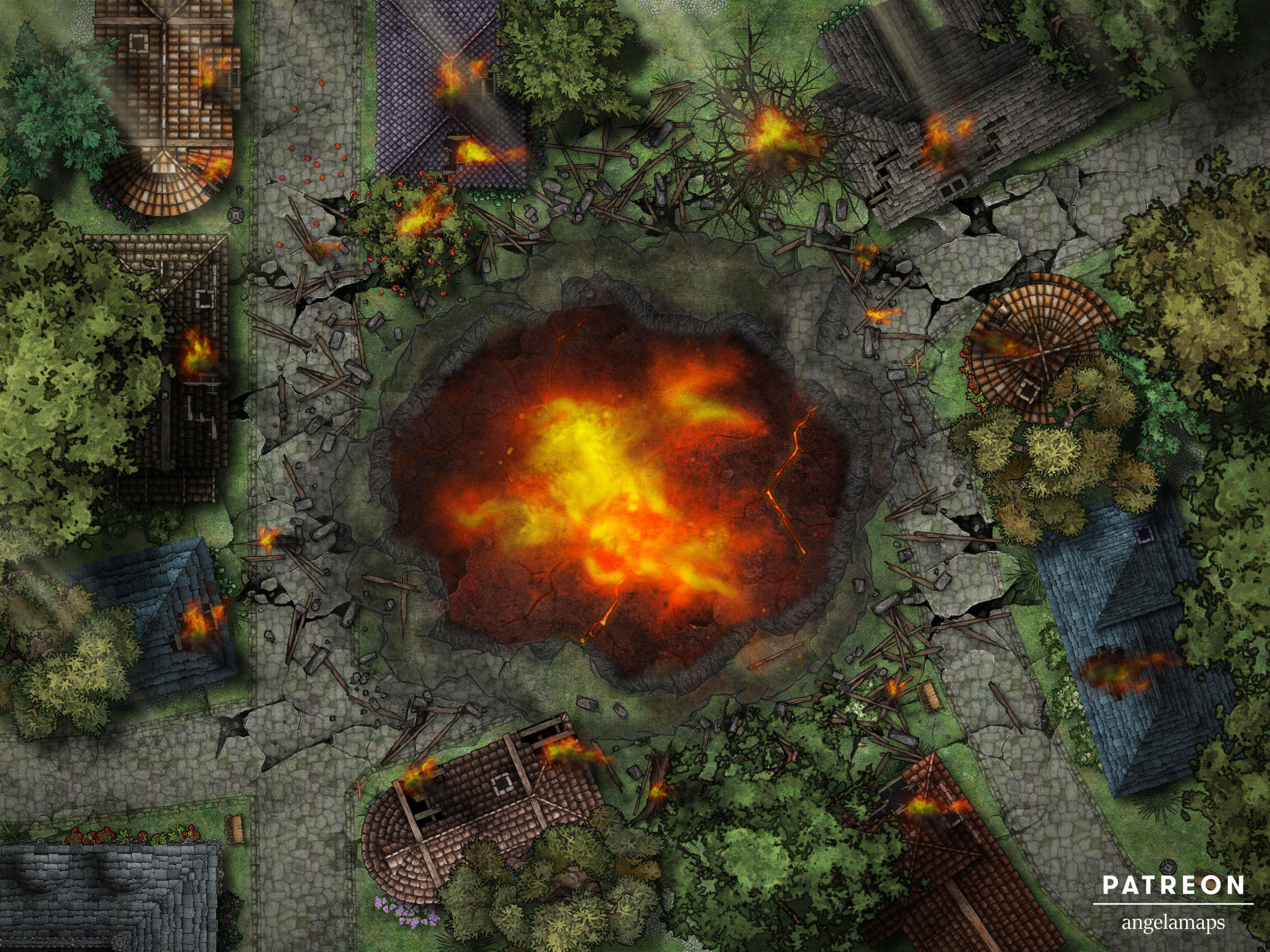 Disaster! A meteor crashes into a village battle map for TTRPGs