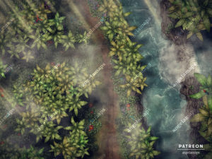Beautiful jungle battle map, with a waterfall and a narrow path through the rainforest