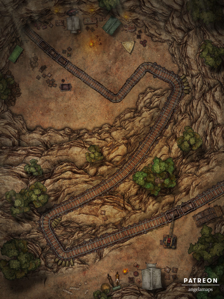 Battle map of a mine entrance with a mine cart track that zig zags up a cliffside.  