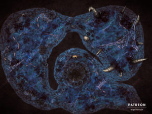Flesh Dungeon with alien blue flesh grotesque ttrpg battle map