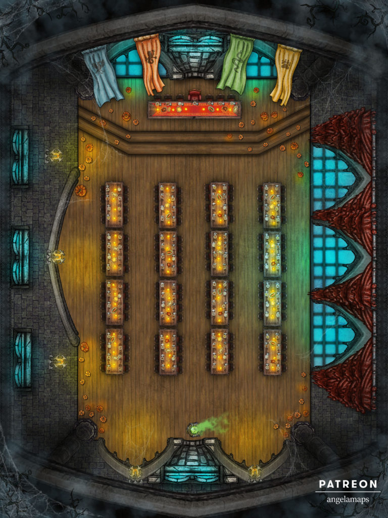 Halloween banquet dining hall at a wizard school battle map for D&D