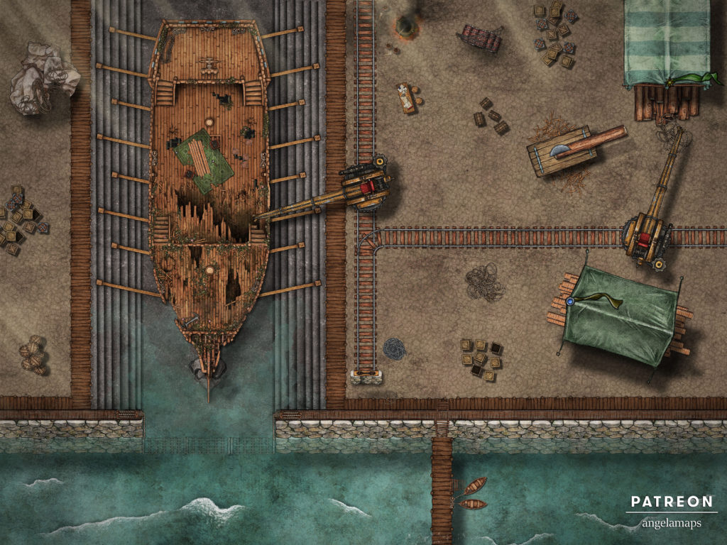 Wrecked ship being repaired in a dry dock battle map for TTRPGs
