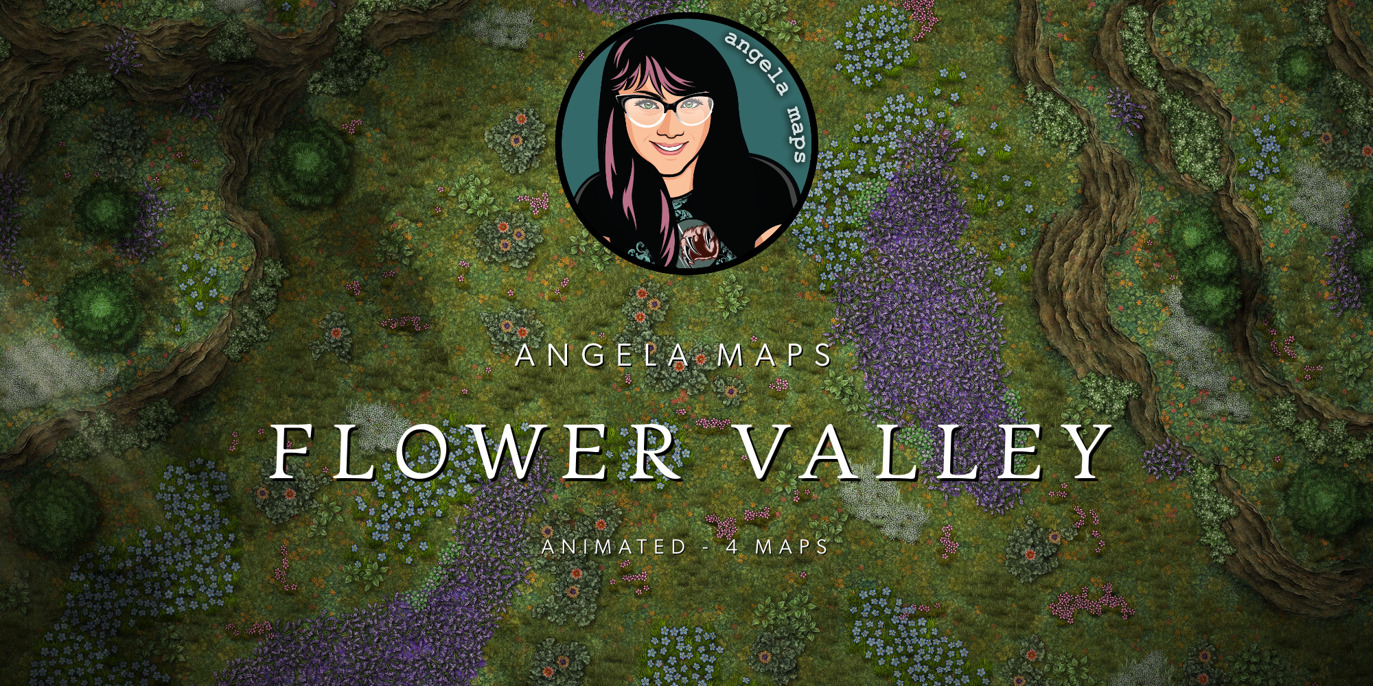 Battle map of a peaceful valley filled with wild flowers for TTRPG games