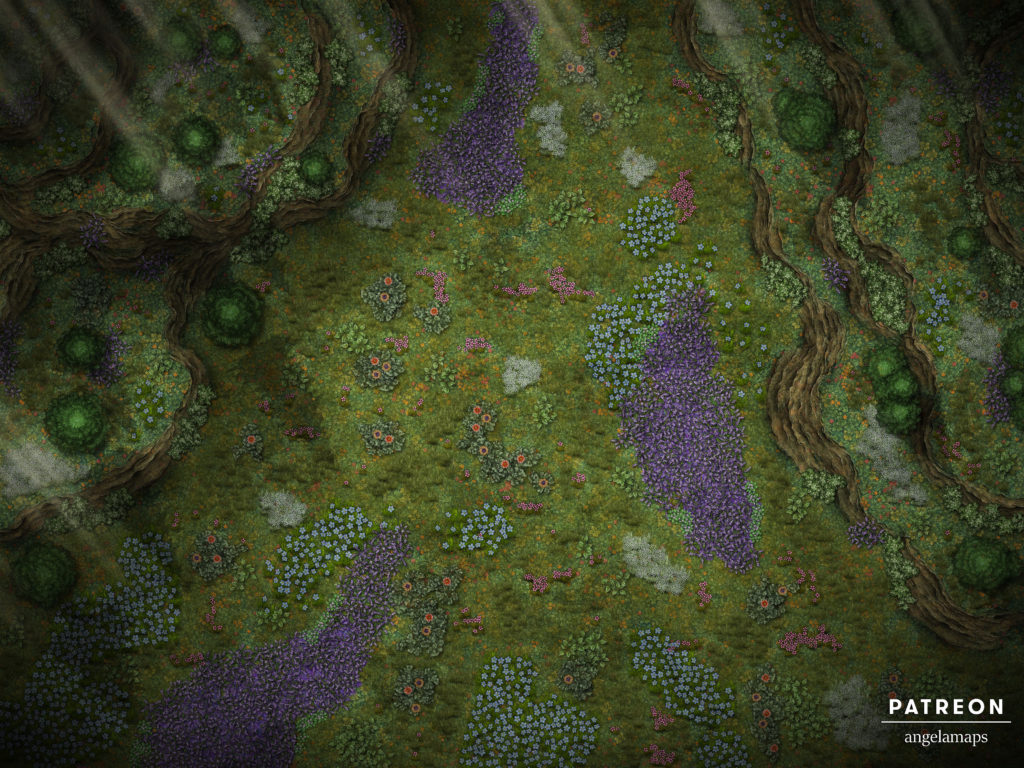 Battle map of a peaceful valley filled with wild flowers for TTRPG games