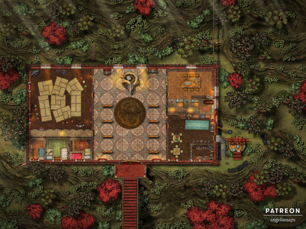 Battle map of a monk temple high in the mountains for TTRPGs