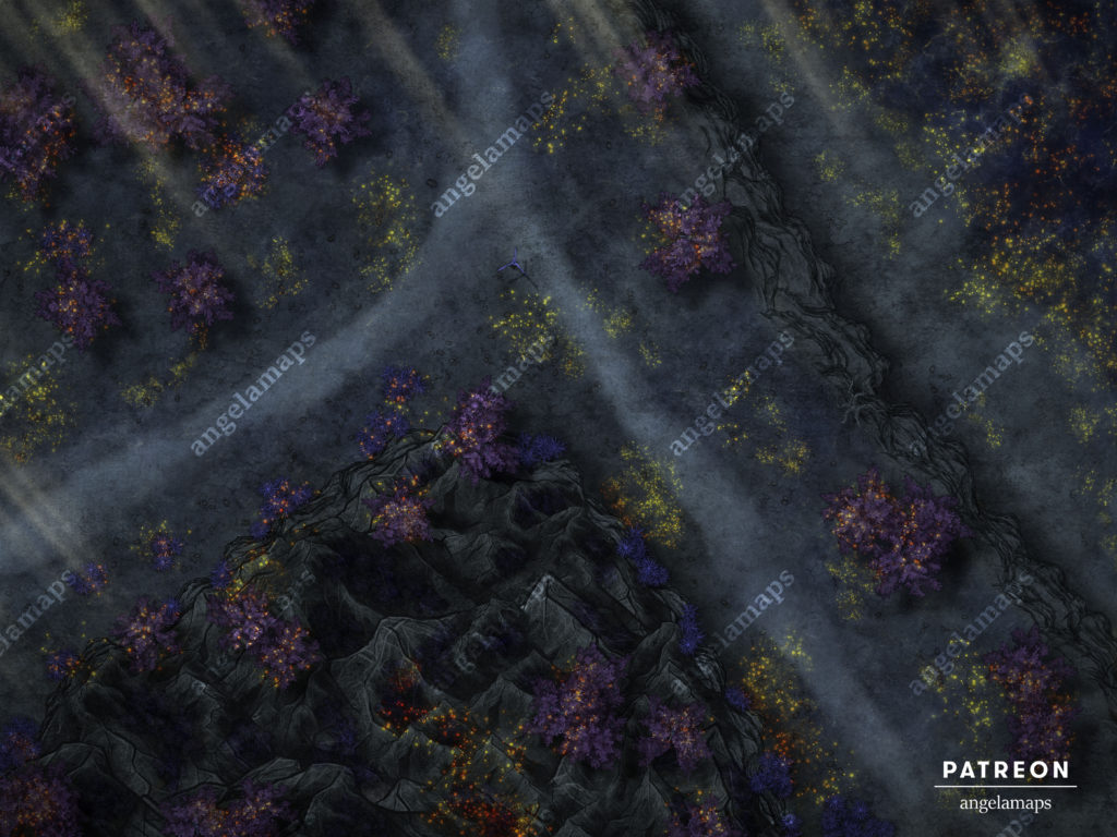 Split in the road, midnight fey variant battle map for TTRPGs
