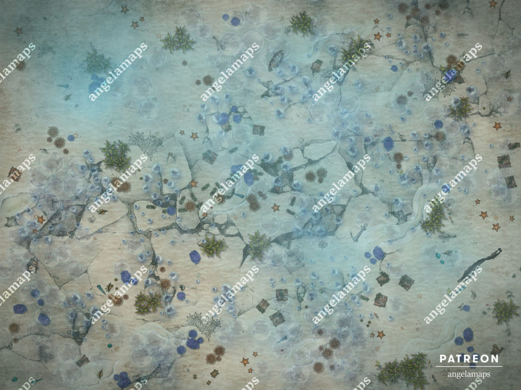 Underwater battle map featuring bubbles from a fissure in the ocean floor for TTRPGs