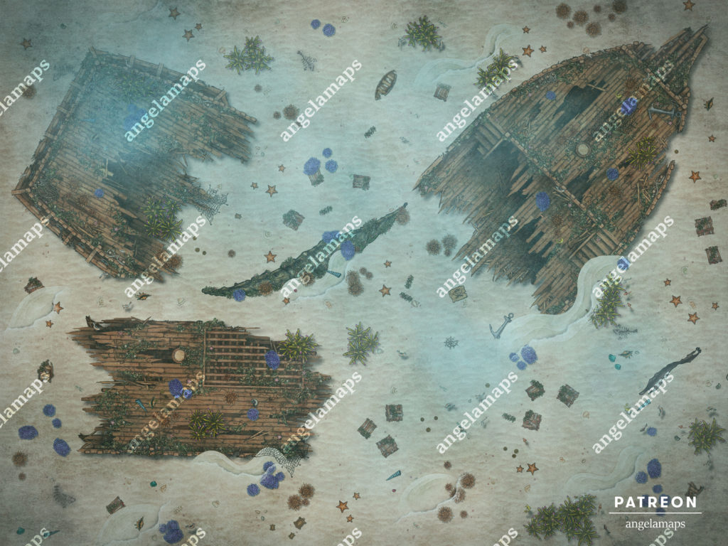 Underwater shipwreck battle map for TTRPGs