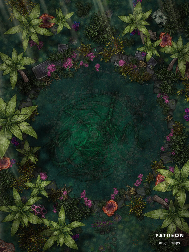 Pool in a jungle, with the corpse of a dragon... a battle map from Angela Maps