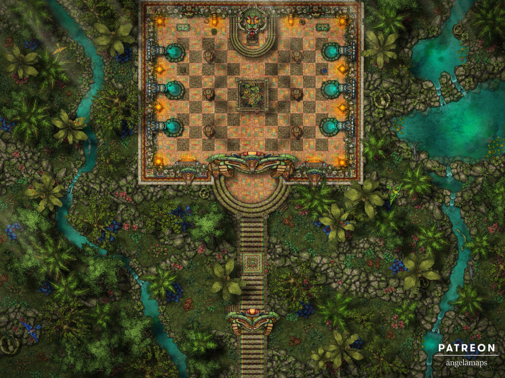 Animated snake temple battle map in a jungle for TTRPGs like D&D