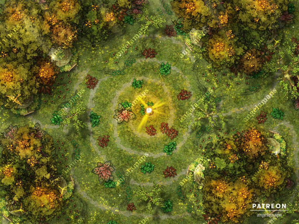 Grove of the Sun - Druid grove battle map for TTRPGs