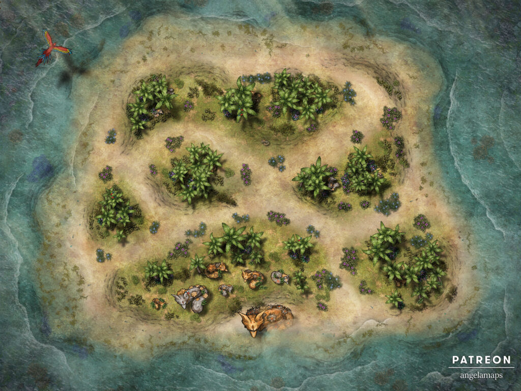 Cool, mysterious island battle map with odd fox statues