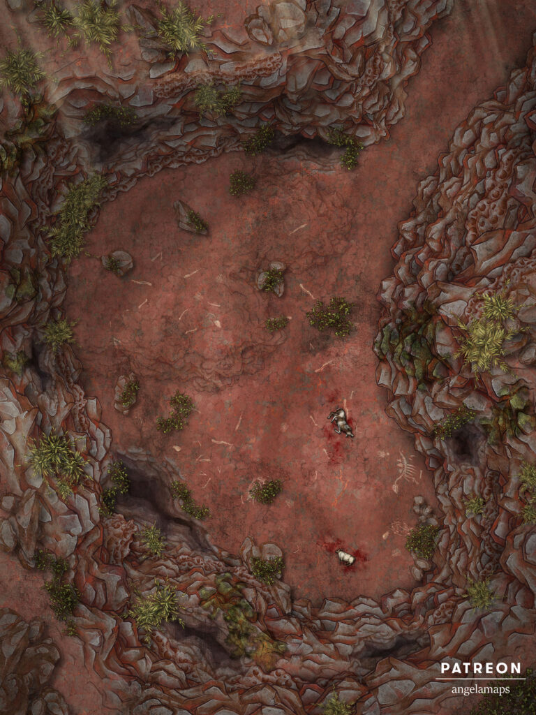 Battle map featuring a box canyon where something in the cliffs has been terrorizing the locals 