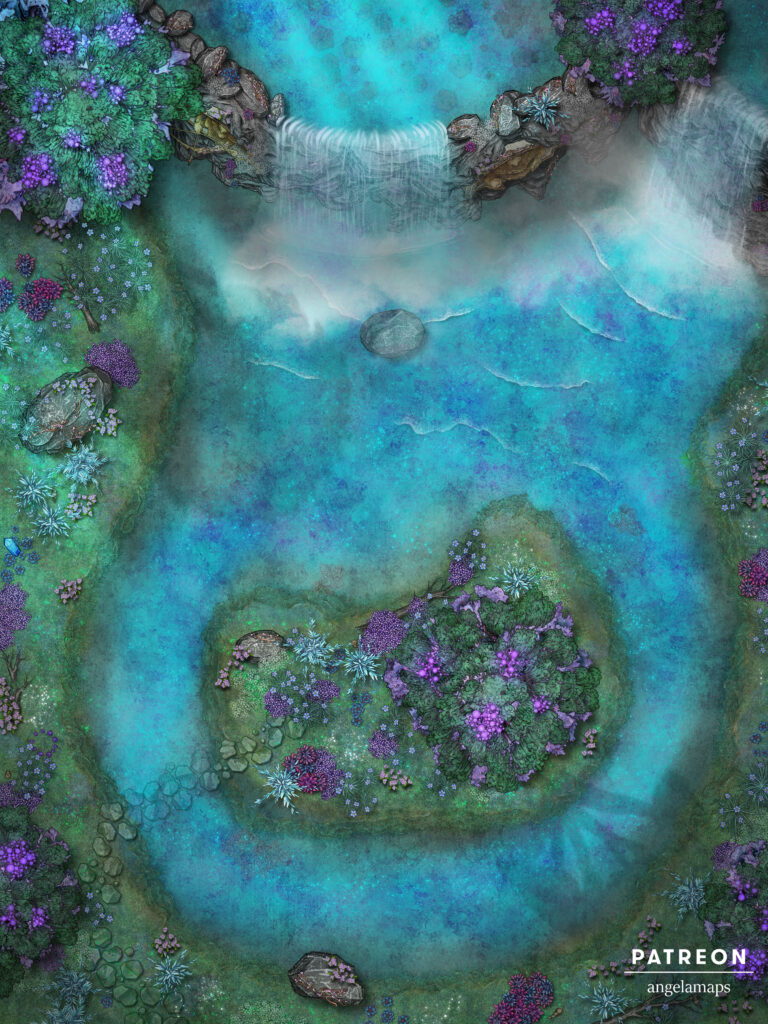 Elven or fey style lake with waterfall battle map in three versions