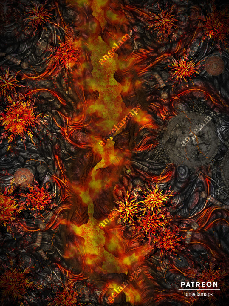 Fiery Forest filled with lava battle map from Angela Maps for TTRPGs