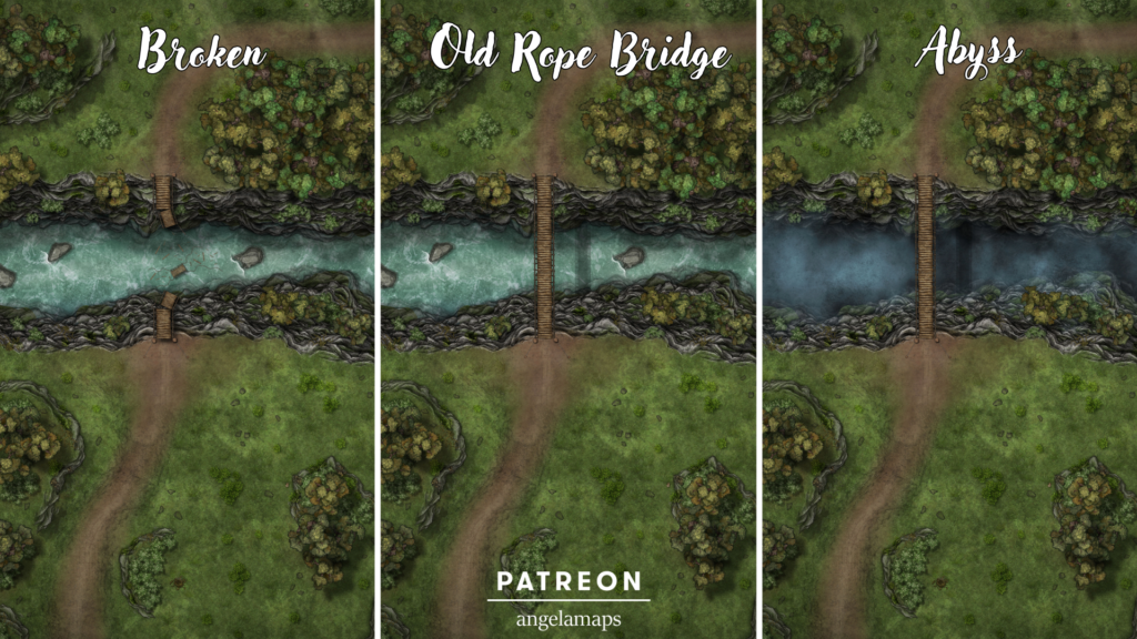 Three variants old rope bridge battle map pack from Angela Maps, all animated