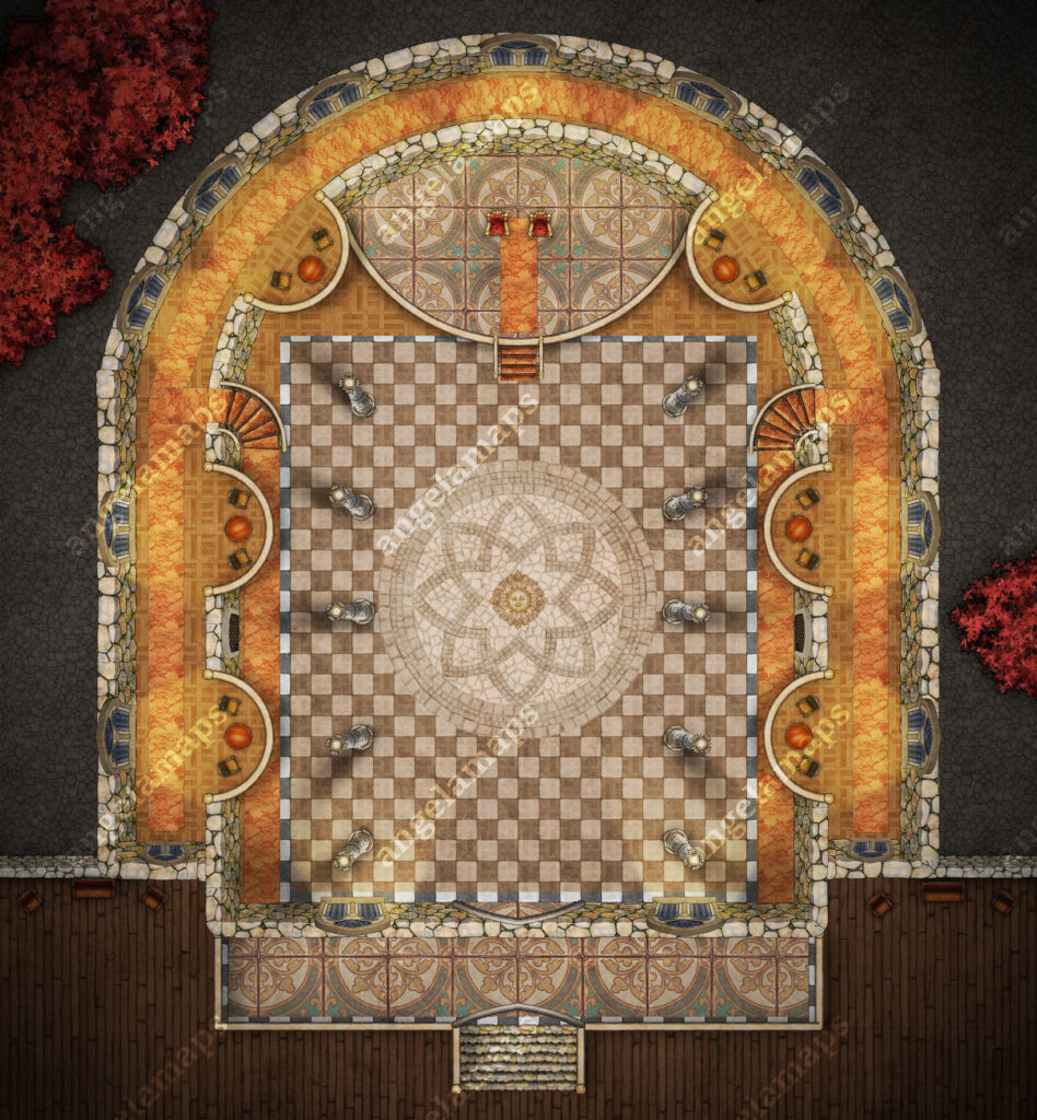 Bright Ballroom battle map with thrones.  For TTRPGs