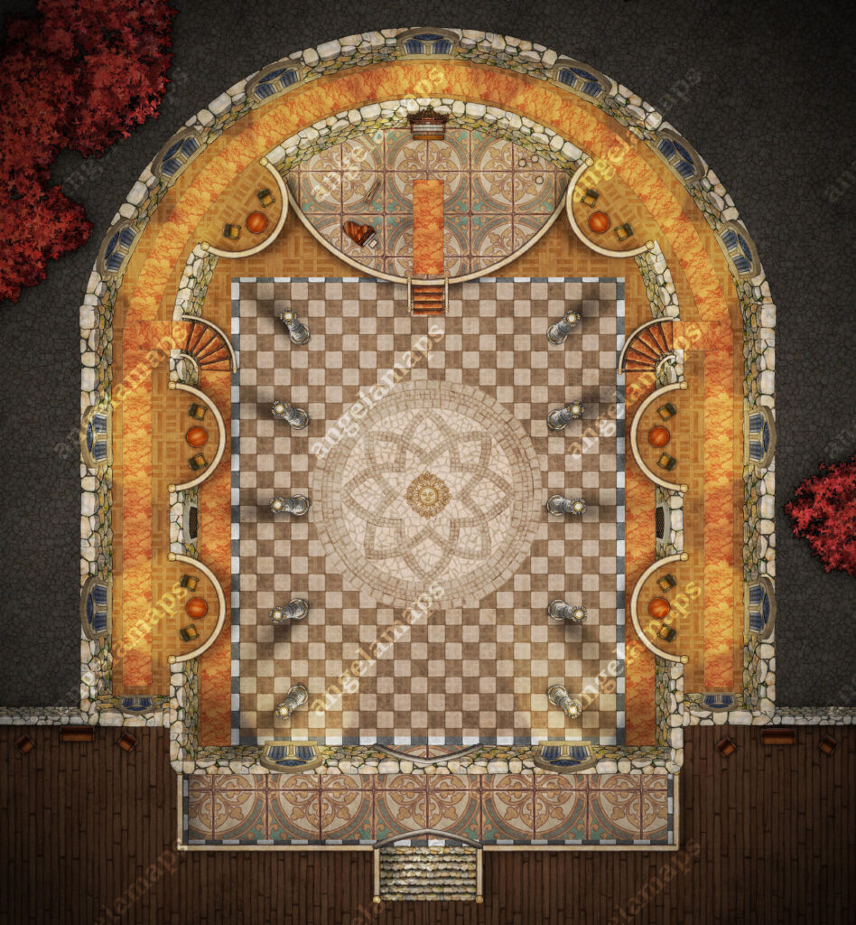 Bright Ballroom battle map with stage setup for a band to play.  For TTRPGs