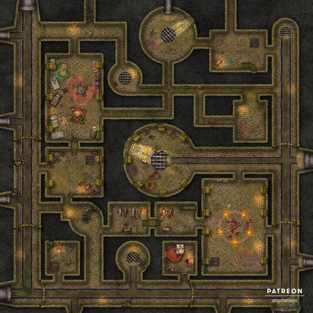 Sewers battle map - theives den, cultist lair, beast nest and all!  Free for TTRPG games