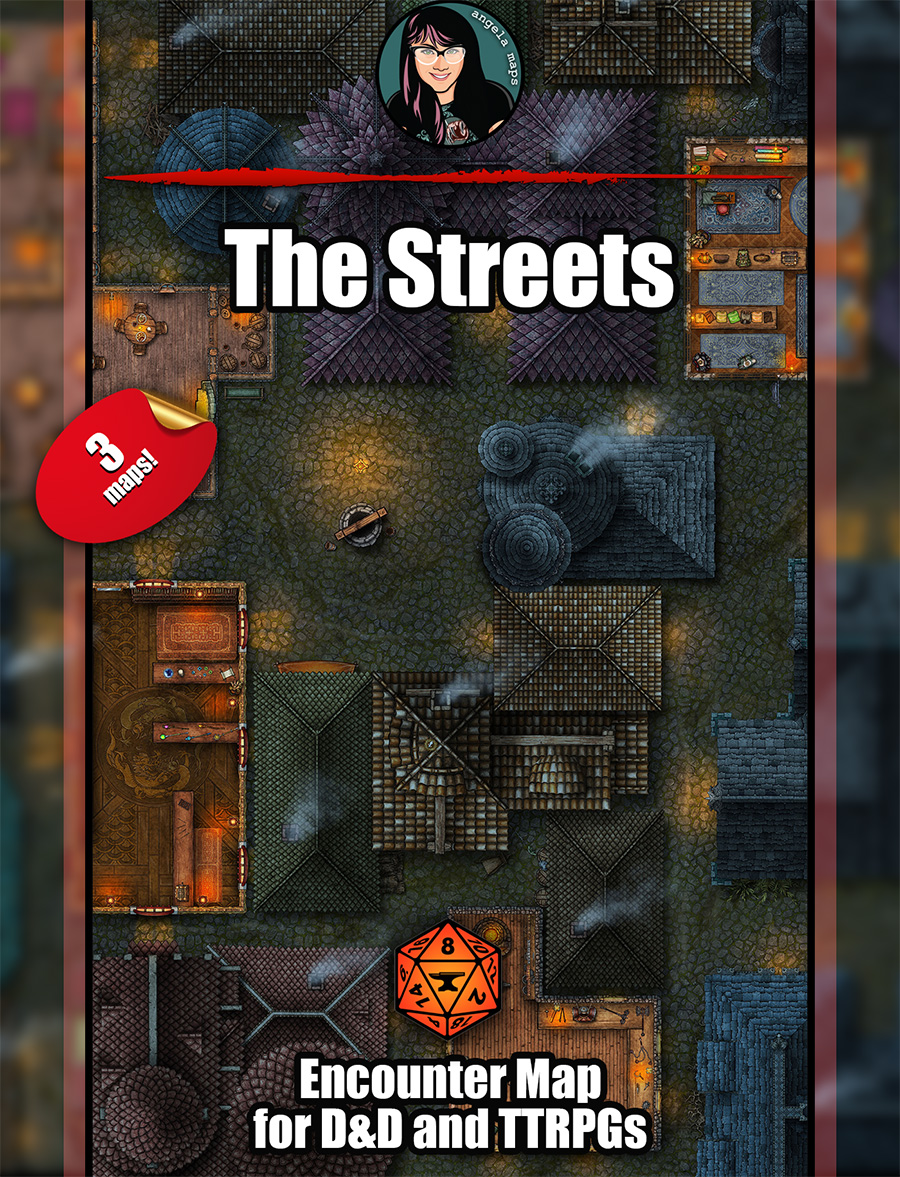 The streets in town shopping, inn, and alleys battle map from Angela Maps, setup and ready to play in FVTT