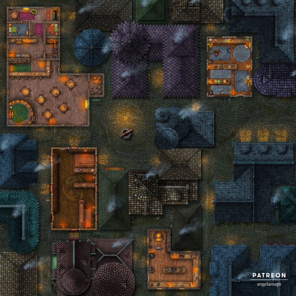 City with narrow streets, a tavern and shopping battle map