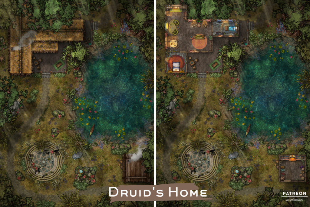 Druid hut battle map in beautiful natural setting for ttrpgs like D&D