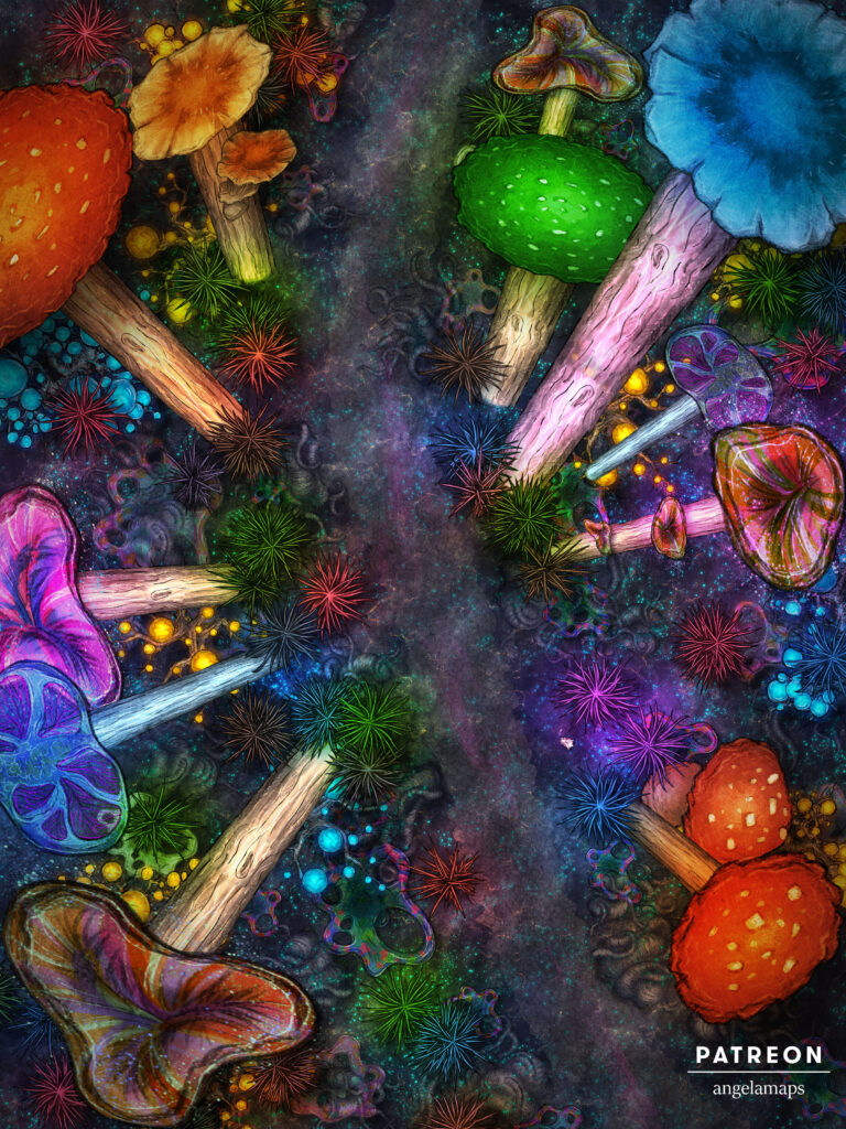 Giant pyschedelic underdark mushroom forest battle map for TTRPGs