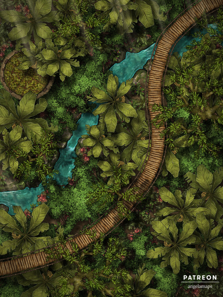 A path above the trees in a dangerous jungle battle map for ttrpgs