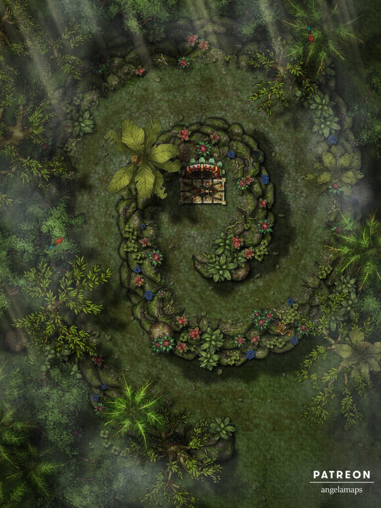 A winding hill in a jungle with a ritual sacrifice on top ttrpg battle map