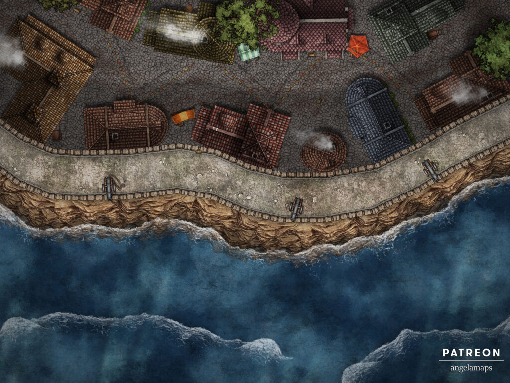 Seaside attack of a village battle map with defense wall.  For TTRPGs.