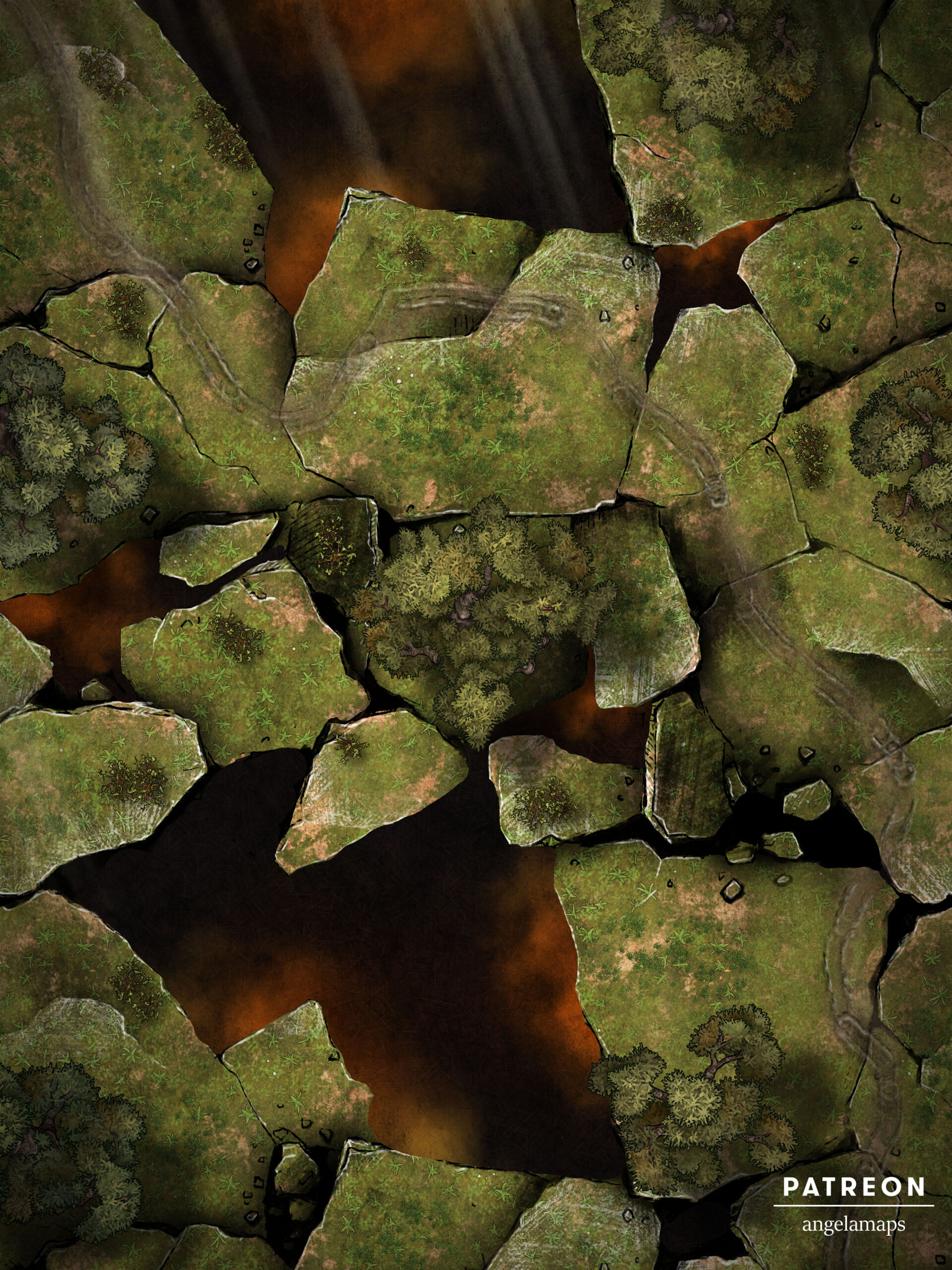 Shattered landscape after a catastrophy animated battle map pack from Angela Maps for TTRPGs