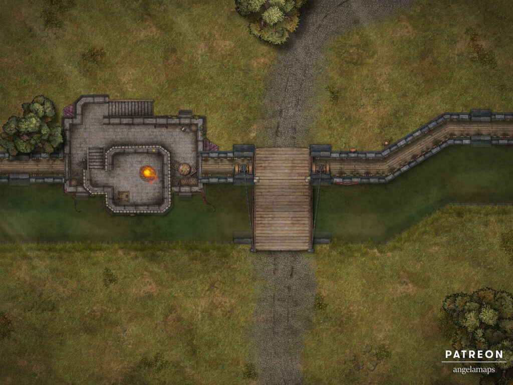 Raise the drawbridge! Or lower it, you do you. Surrounded by a deep moat filled with murky waters, this simple yet effective defensive structure is an ideal deterrent to any would be assailants, as long as they don't have really tall ladders, a catapult to launch them over the battlements, or the power of flight. Fully animated and featuring four variants - bridge up, bridge down, brazier on and off, this highly versatile map can easily become unique to your game and setting with some custom tokens, be they guards, siege weaponry, or goats swimming in the moat. Whether your bridges are up, down, falling down, burn, a Jeff or a Beau, this map has you covered!