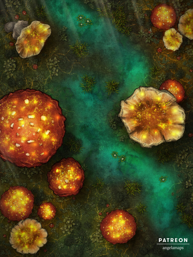 Bog colorful battle map with giant mushrooms and water