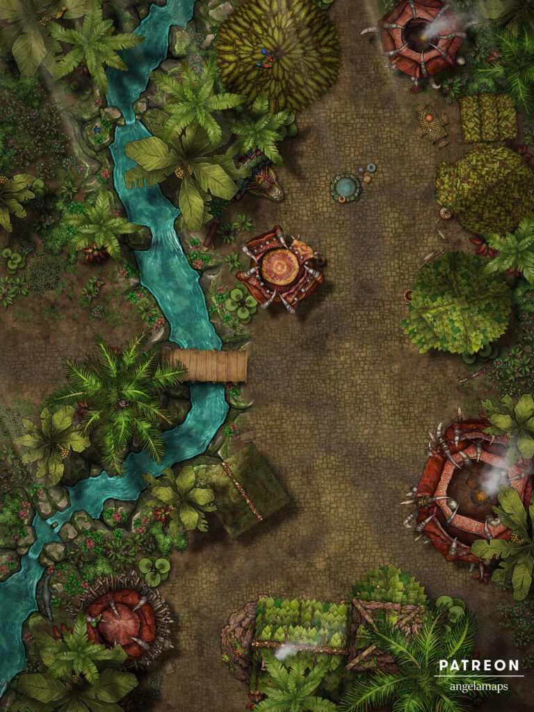Free tribal village in the jungle by a river battle map