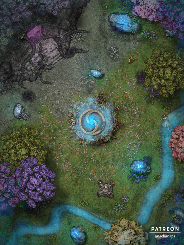 Beautiful feywild or elven map with a portal that has darkness creeping through it