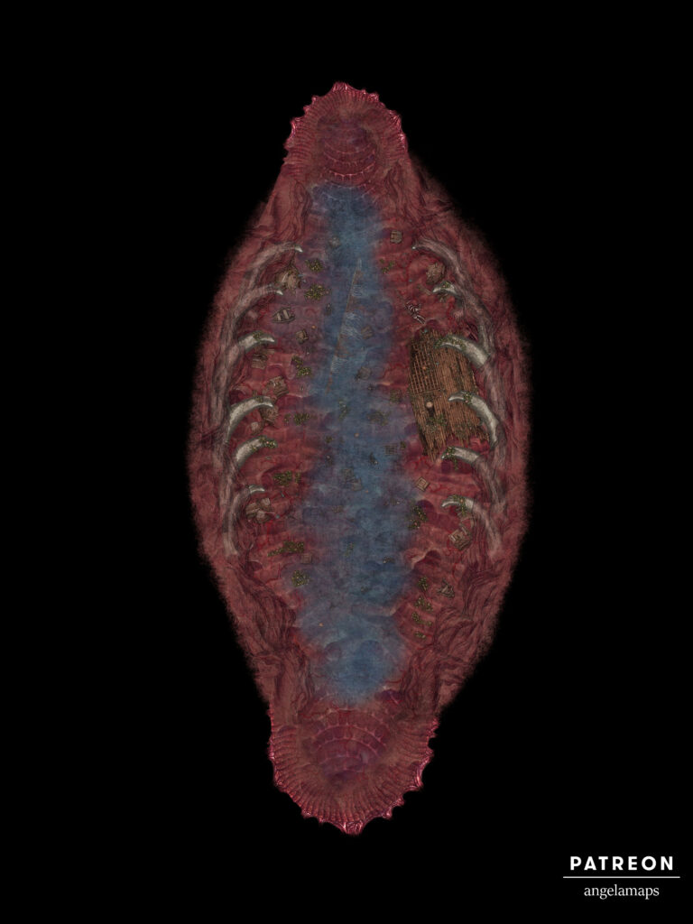 Battle map for TTRPGs inside the belly of a whale or large beast