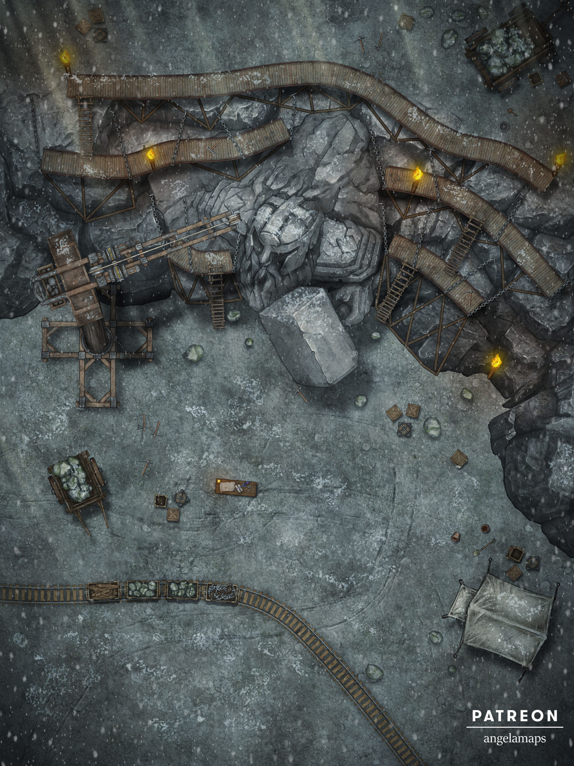 Battle map featuring a giant statue being built for ttrpgs