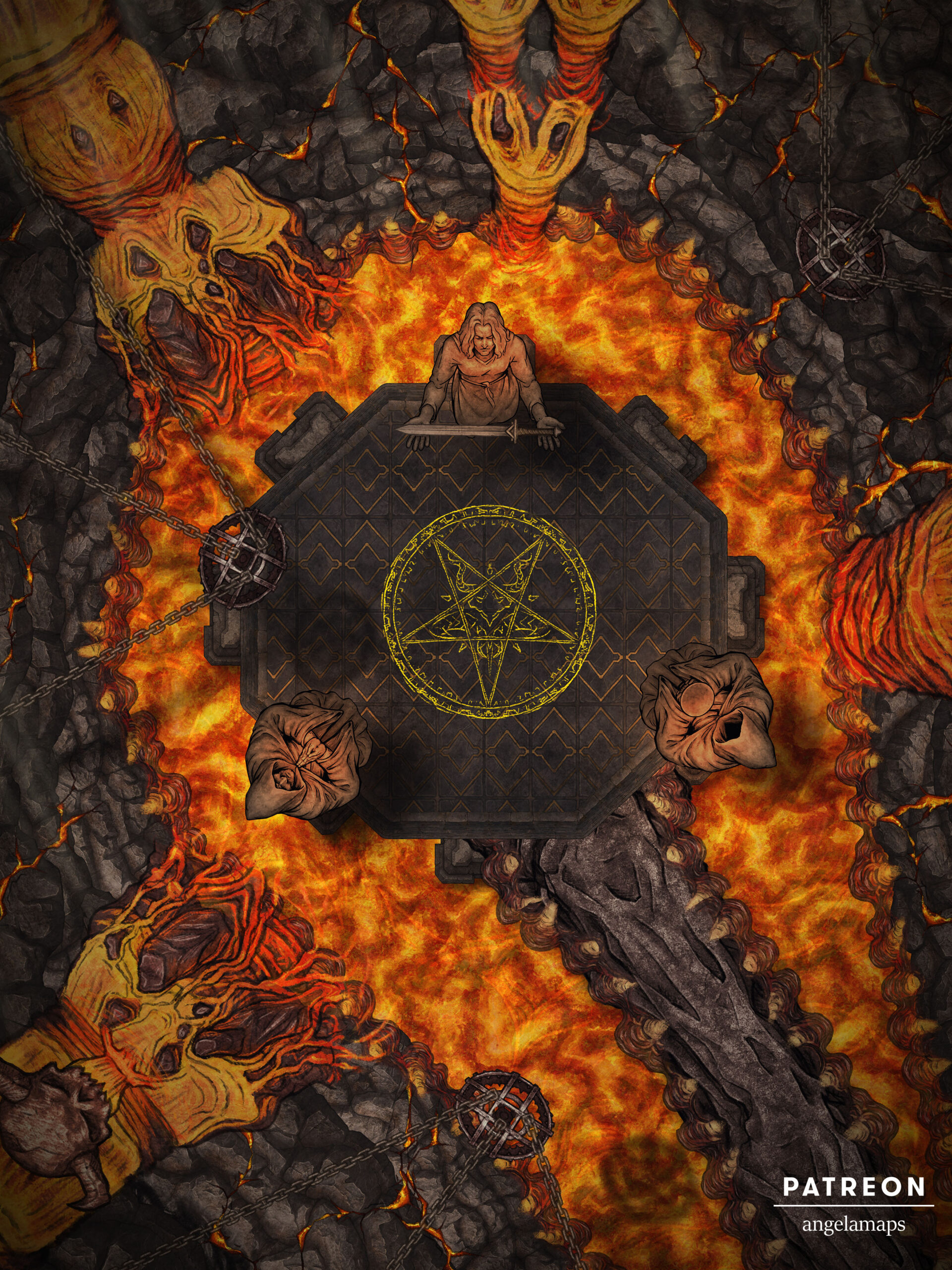 Three statues around a ritual surrounded by lava and fire - animated battle map