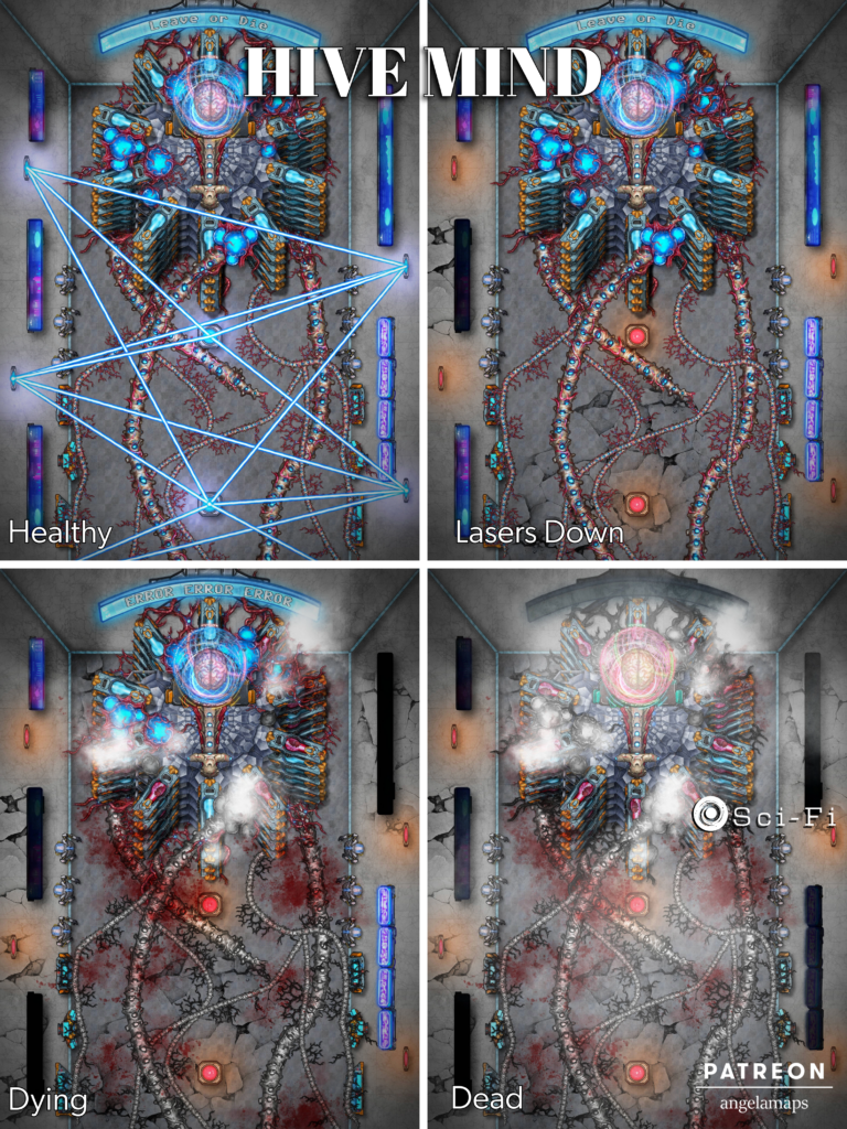 Hive mind free battle map in 4 phases for sci-fi TTRPGs