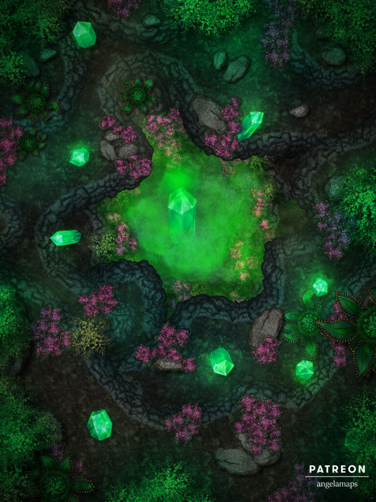 Large glowing crystal in a cave, battle map for ttrpgs